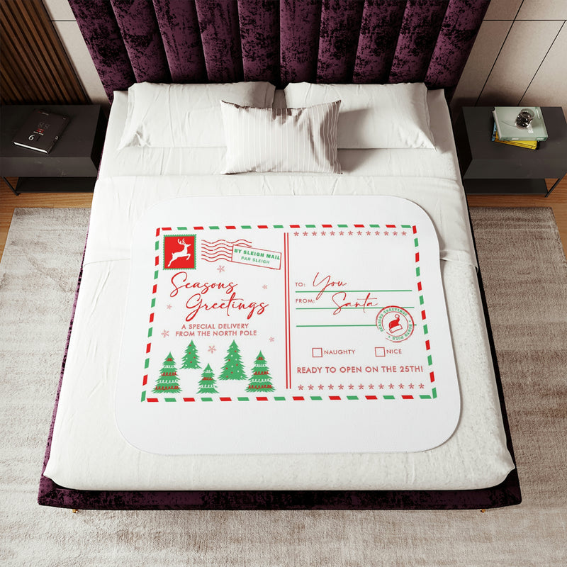 Santa Postcard Ultra Plush Fleece Reversible Sherpa Blanket (Grey or Beige Sherpa Available)